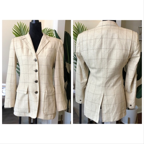 Lauren Ralph Lauren 100% Silk Plaid Tan Brown Blazer Jacket 4 - Picture 2 of 12